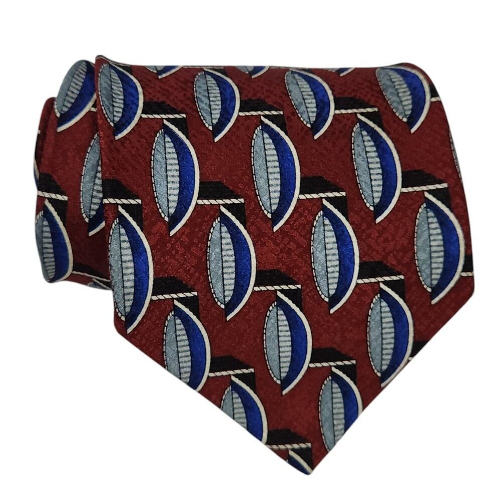 Vintage XYZ Inc 100% Silk Red Tie With Geometric Oval Pattern